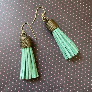 Bronze hammered metal and teal leather tassel earrings